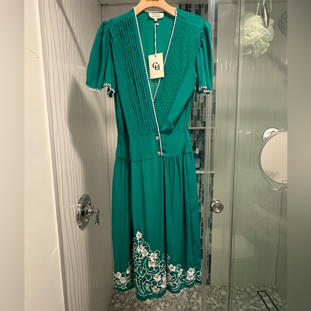 Chasing Unicorns Teal Green Embroidered Midi Dress